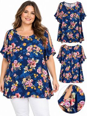 Chris & Carol Plus 1X Navy Floral Dolman Sleeve Tunic Blouse Made in USA